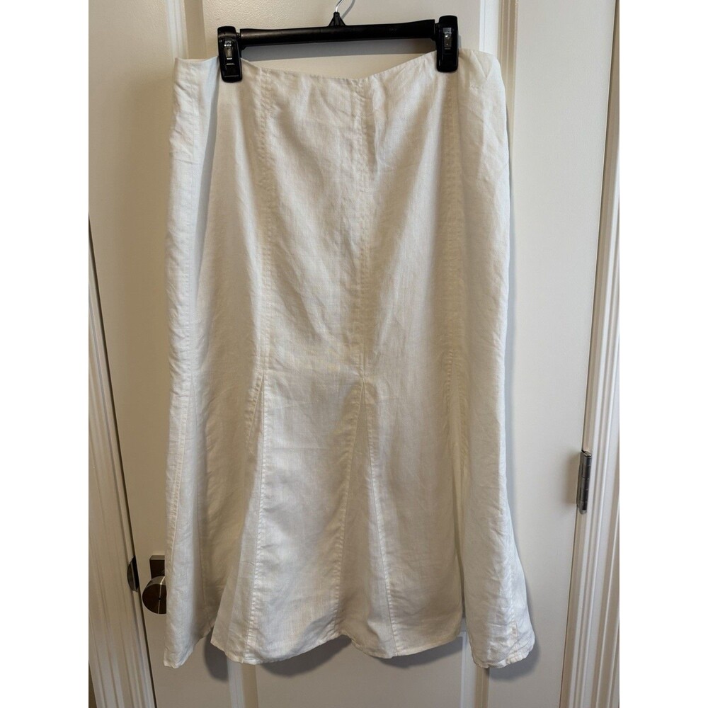 Kim Rogers White Linen Midi Skirt Women 14 100% Linen Lined A-Line Flare
